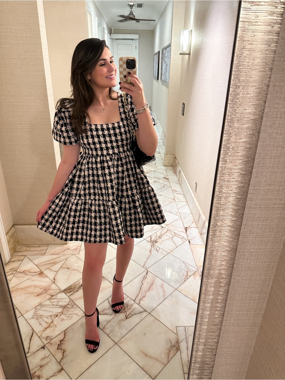 Square-Neck Black and Light Pink Houndstooth Mini Dress